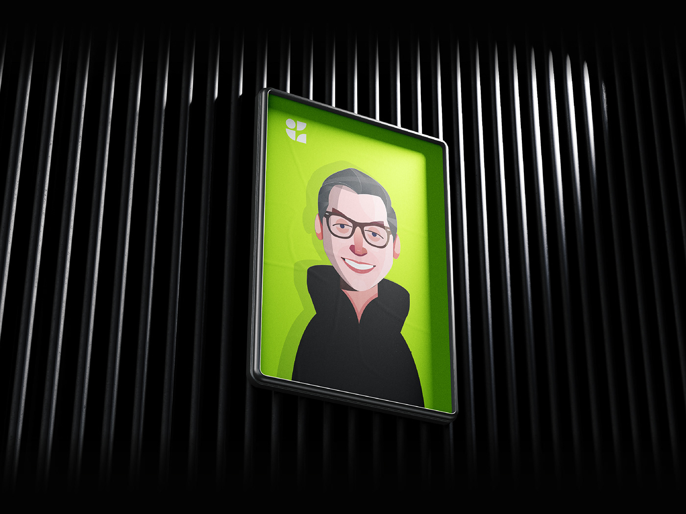 A person's portrait wearing glass and smiling with solid lime background in a unique style vector.