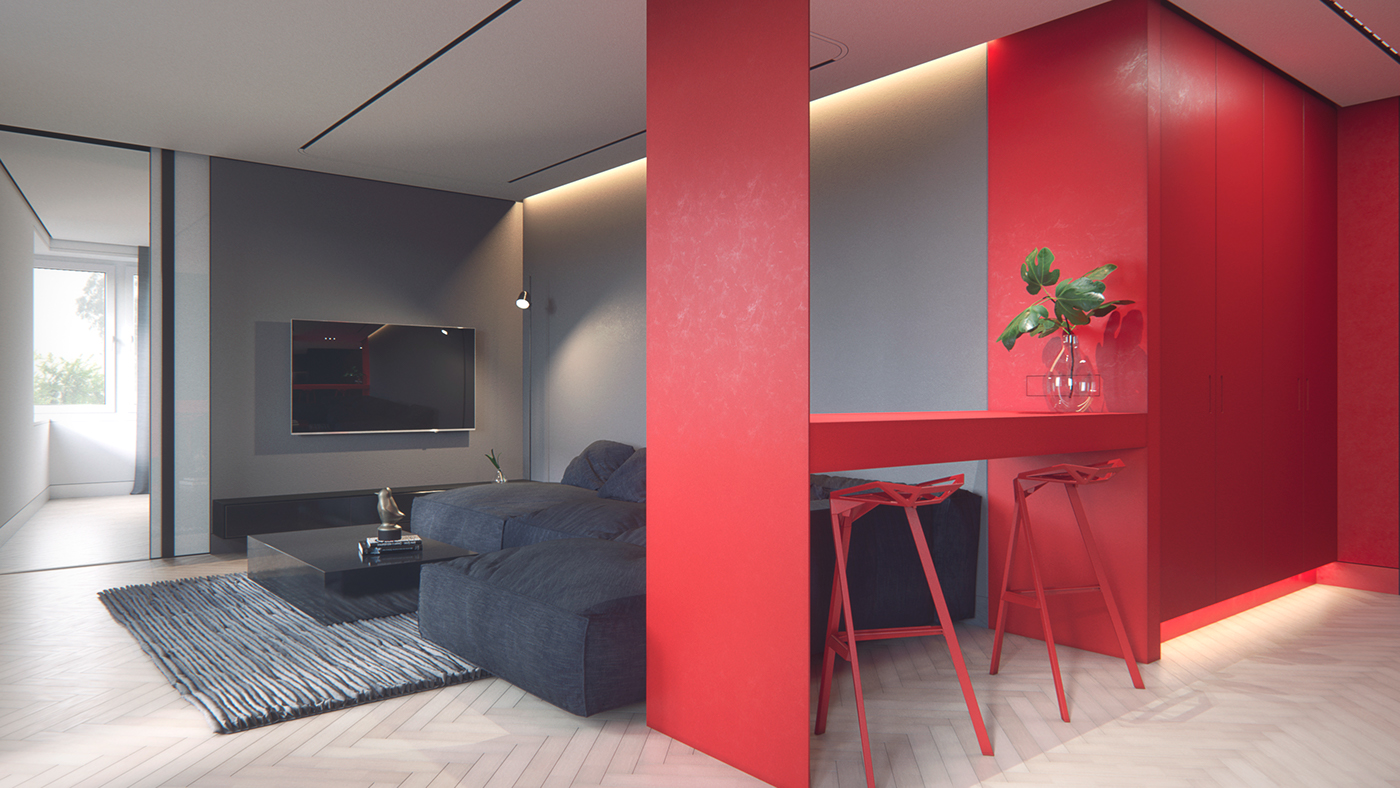 interor design red Interior minimal modern 3D Render architecture