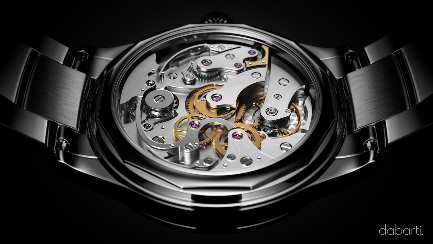 luxury watch animation  CGI mechanism gears balance wheel 3D vray