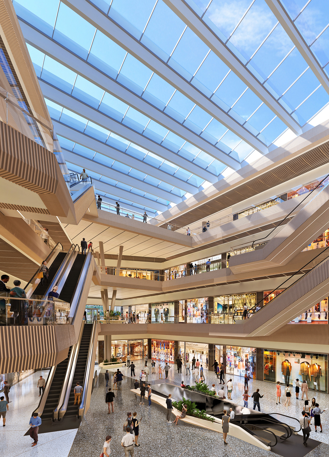 Interior mall rendering shop terazzo vray wood