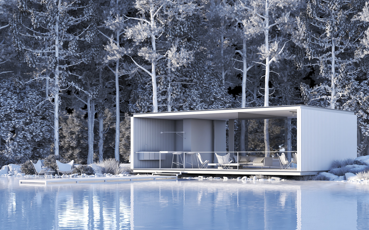 archviz cabin CGI design Interior lake Render wood environment Nature