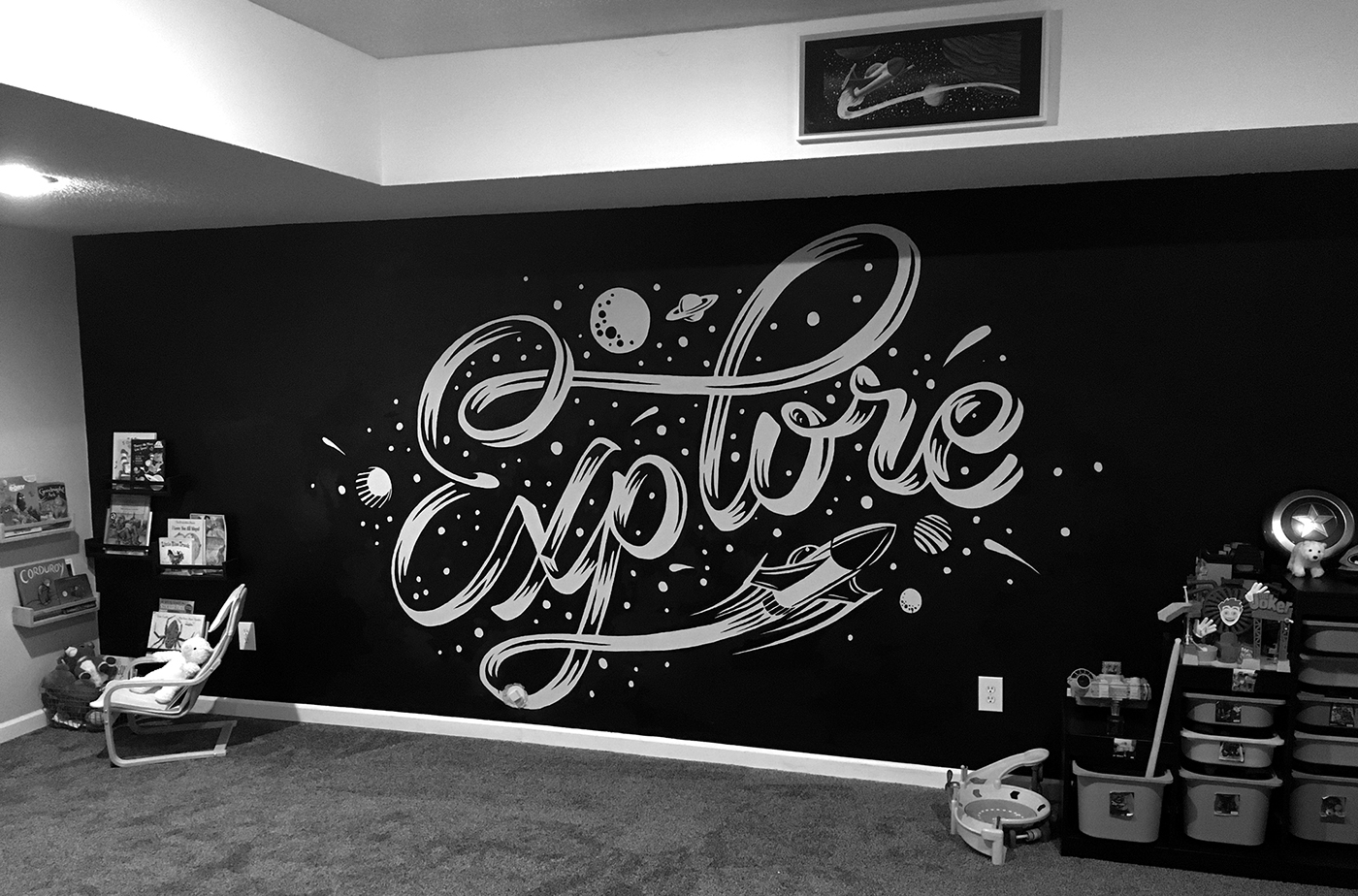 hand-lettering Space  Planets stars space ship explore black Mural
