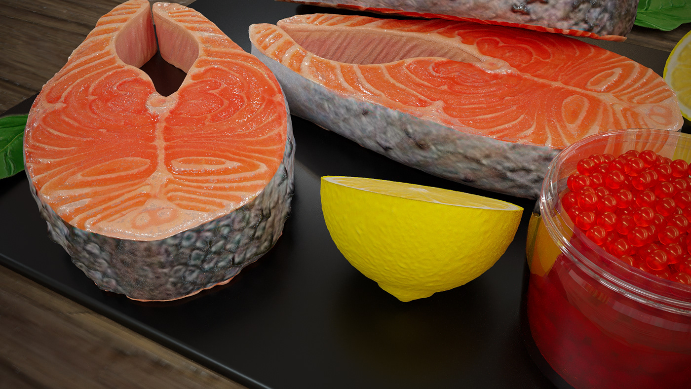 3D cinema 4d Render visualization modeling fish salmon seafood menu fish salmon