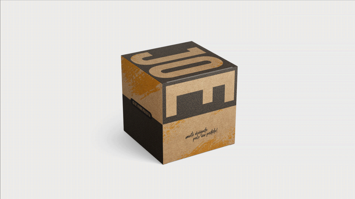 GIF: caixa de hambúrguer em papel kraft com arte em preto e detalhes amarelos em diversas posições.