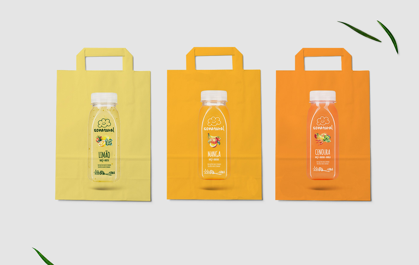 3 Paper bags with bottles of fresh juices