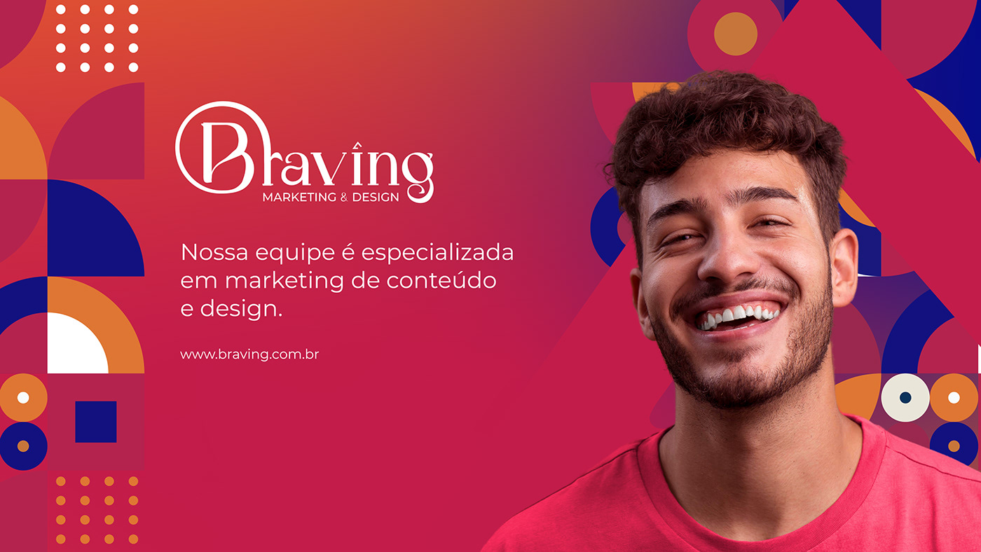 visual identity of a marketing agency called braving. Photo of a smiling man, pattern. post