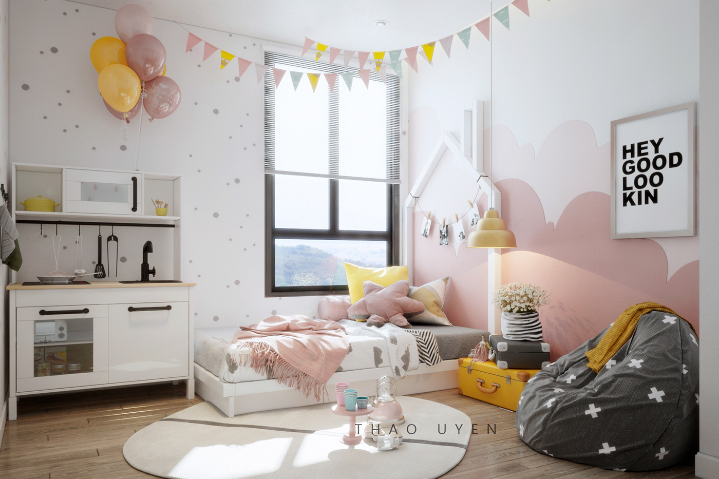Scandinavian kid room design Interior pink sweet room girl room