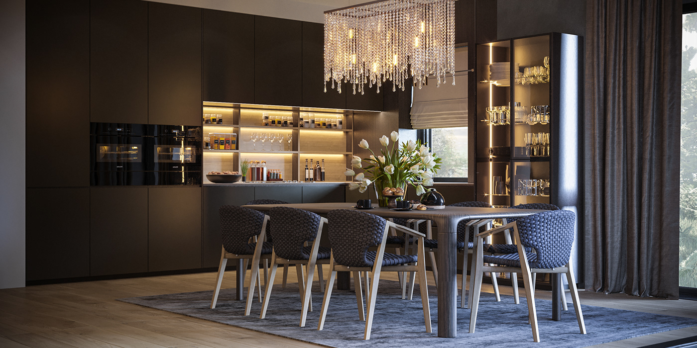 design visualisation Project livingroom kitchen dinning modern Dark colors