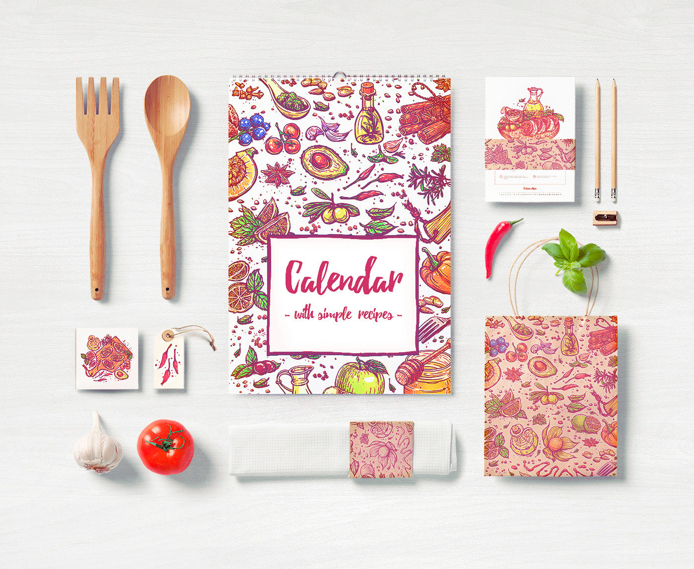 calendar art Food  icons draw recipes pattern kitchen brand packing sketch