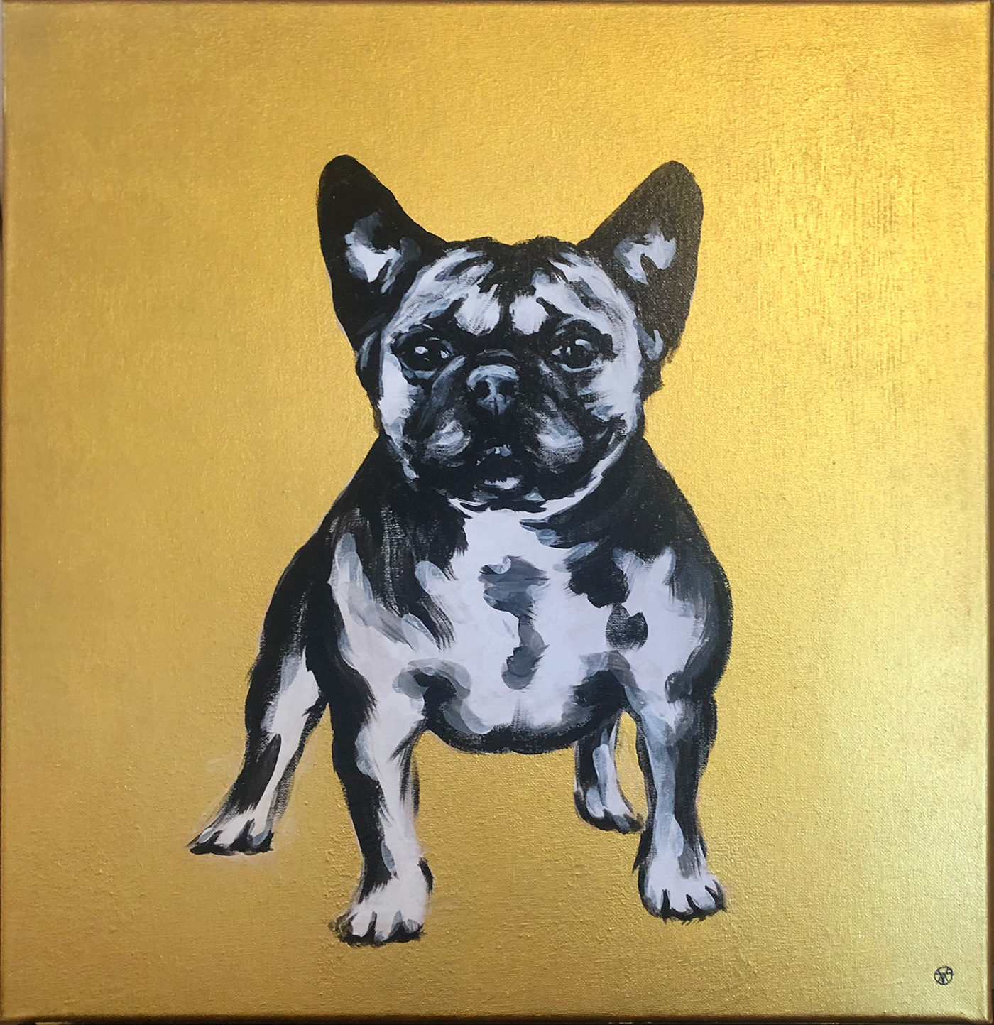 dog acrylic tryptich golden black and white