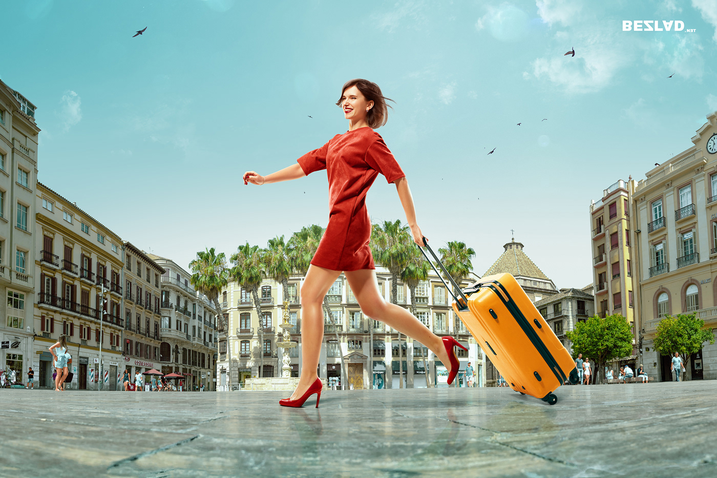 malaga Travel luggage suitcase woman turquoise Advertising  panorama Street emotions