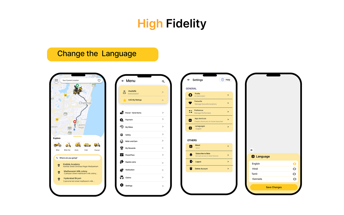 rapido UI/UX user interface Figma product design  yellow White Case Study portfolio app design