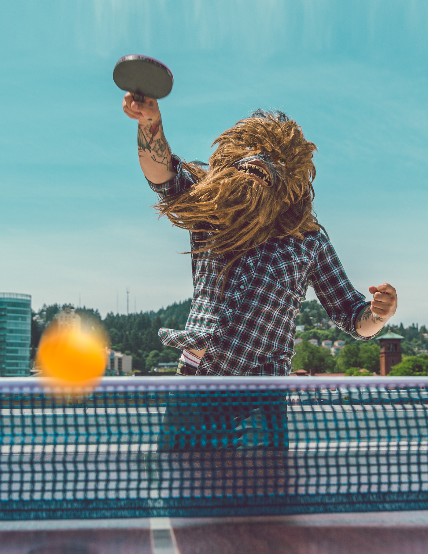 ping pong Wookie rooftop city game table red ball Paddle Portland pdx net tennis ace