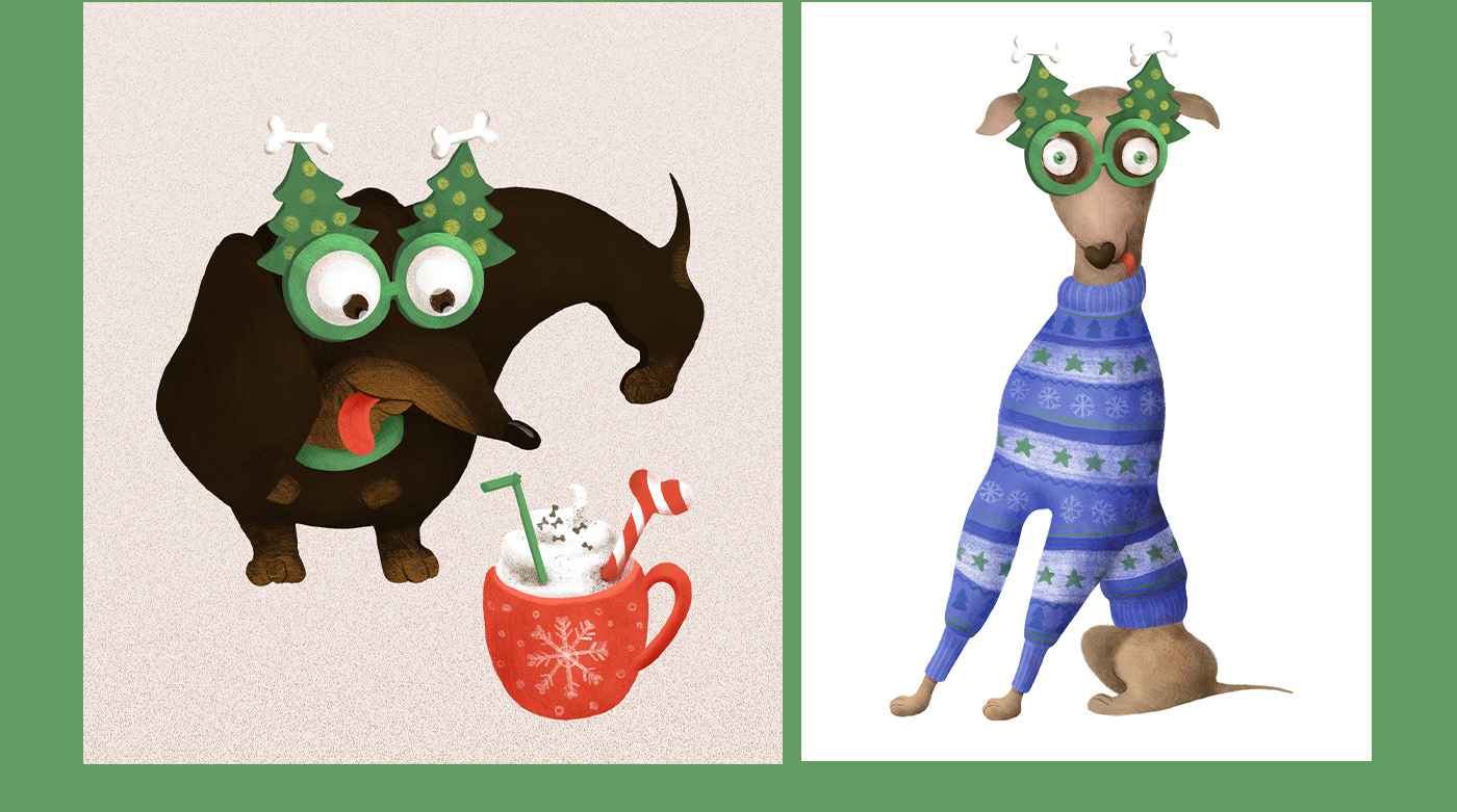Christmas puppy dog illustration Corgi greyhound bones petshop christmas sweater dachshund Dog store