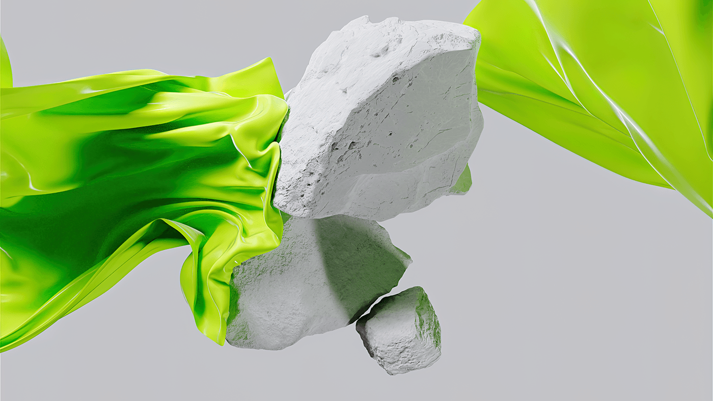 three white rocks coliding with each other and two green cloth surrounding them lighting from top