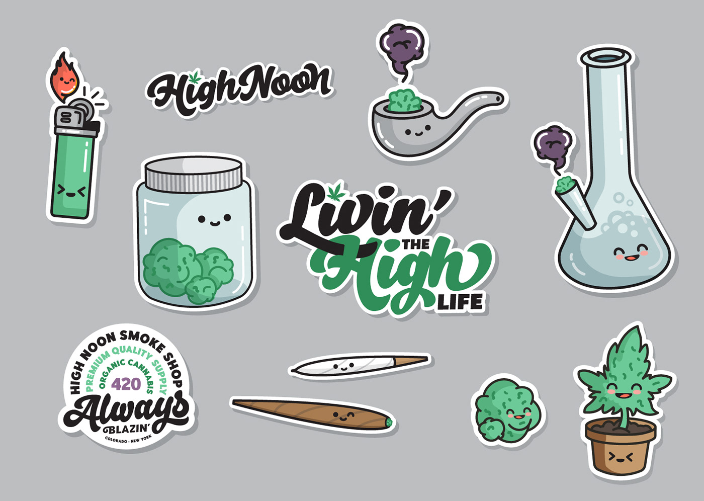 cannabis themed cartoon stickers. Vector typography drawings of weed themed characters. 