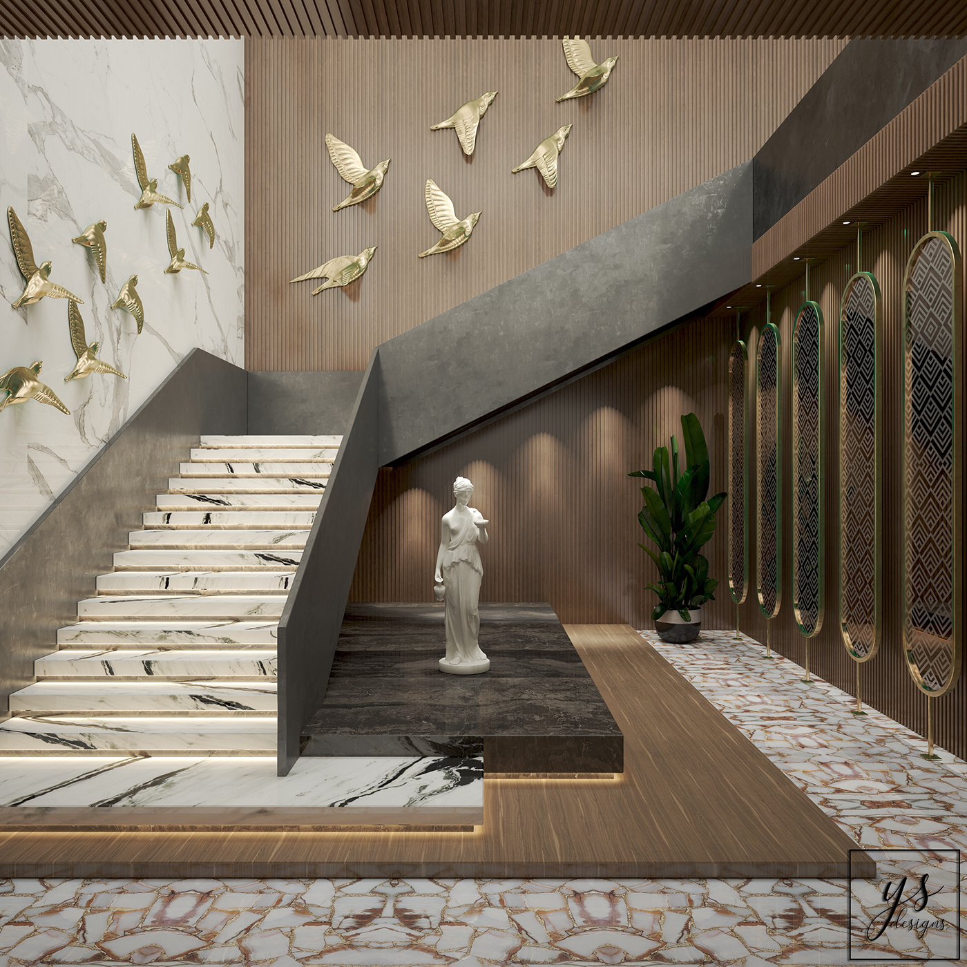 3D 3dsmax architecture contemporary corona design European gold hotel interiordesign Lobby Marble modern Staircase view vray White