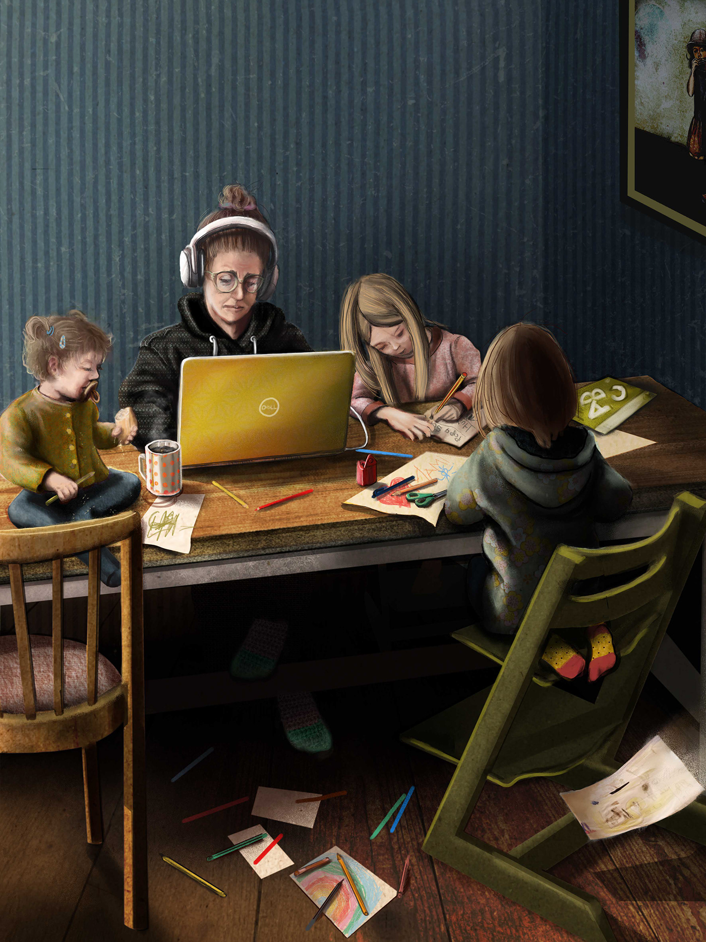 children collage family Figurativ homeoffice ILLUSTRATION  interieur mother realistic wood working