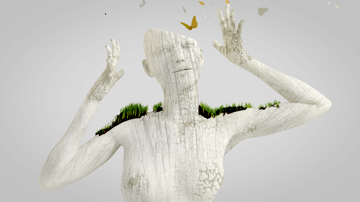 White modelling Zbrush Sculpt Nature woman butterfly 3D creative grass c4d cinema 4d vray