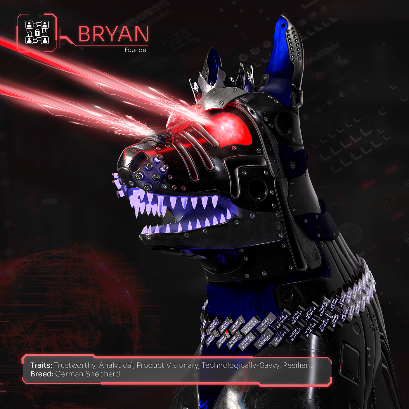 nft artwork Cyberpunk neon 3D robot Character portrait дог