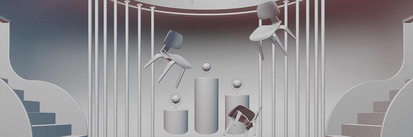 abstract chairs scenography Space  surreal 3D Anti-gravity CGI product design 