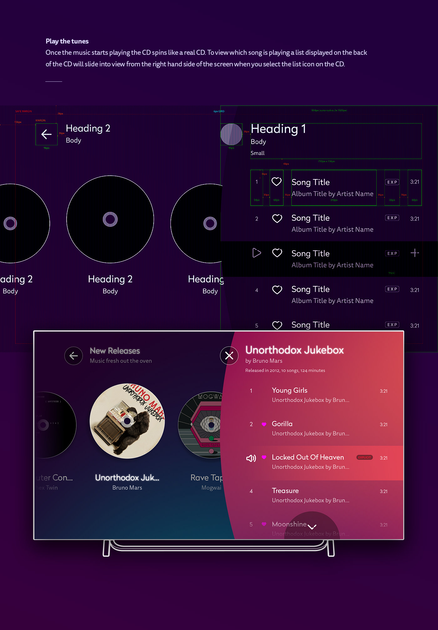 jukebox tv interface design interface design music app Music Player user interface design wireframes grid Application Design Interaction design 