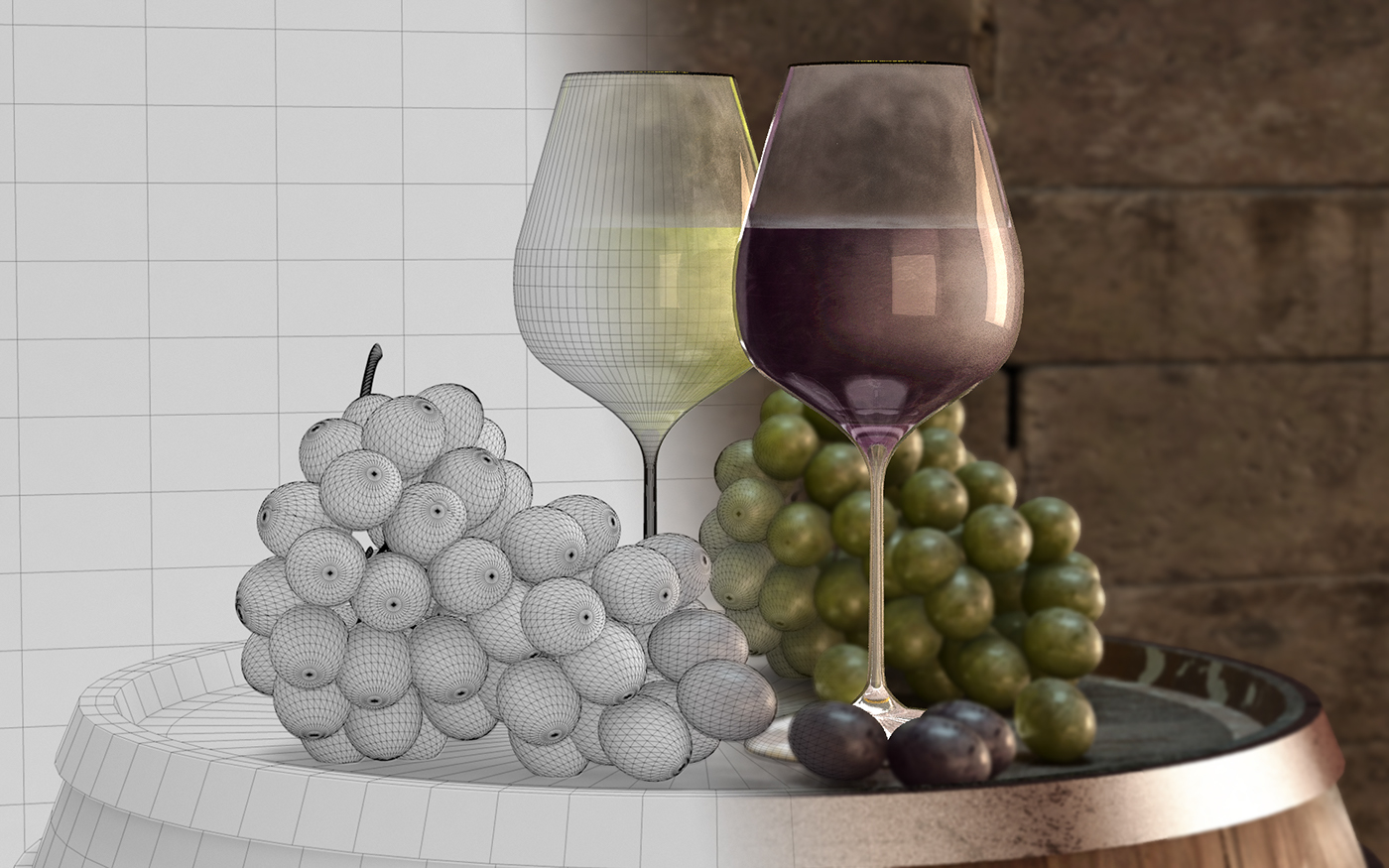 Vinos uvas bodegon vray substance cinema 4d modelado viñedo