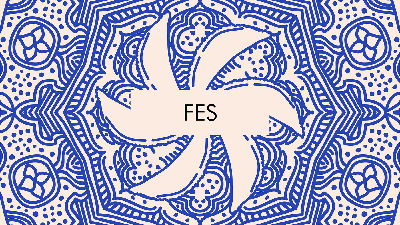 Blue ornamental illustration for Fes, featuring traditional almond cookies