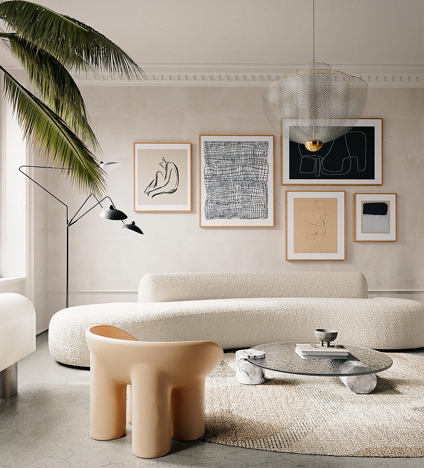 calm coronrenderer French Interior livingroom minimal rendering siting White