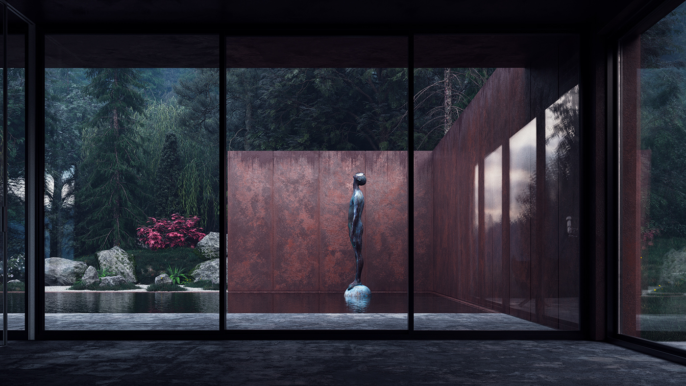 architecture Corten steel makhno wood forest minimal contemporary corona renderer