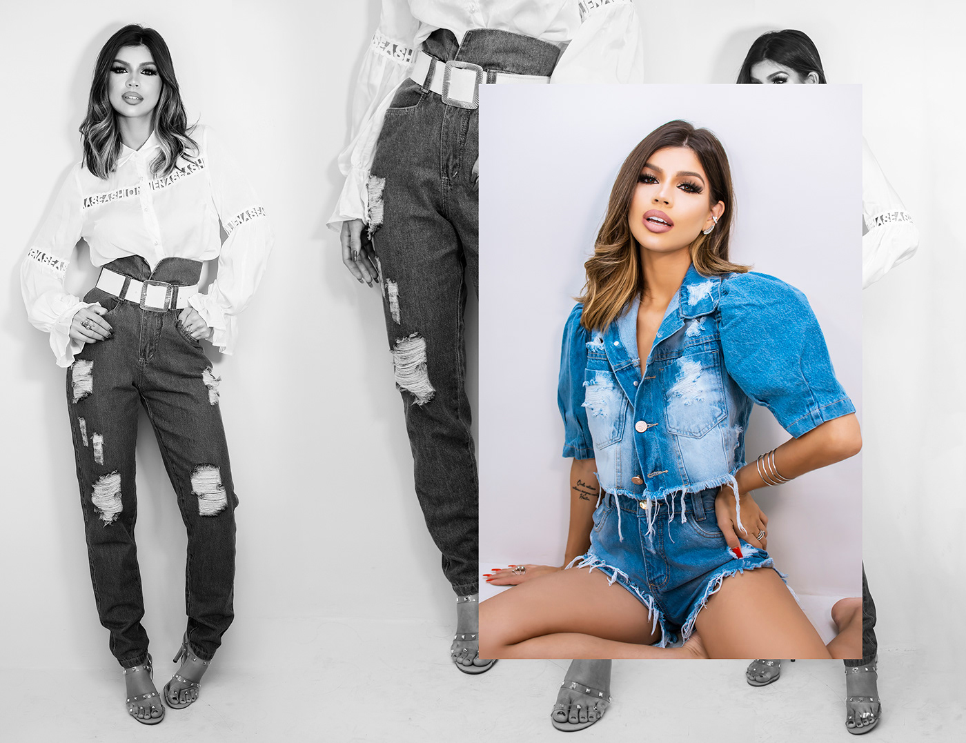 Blogueira editorial jeans make makeup moda model
