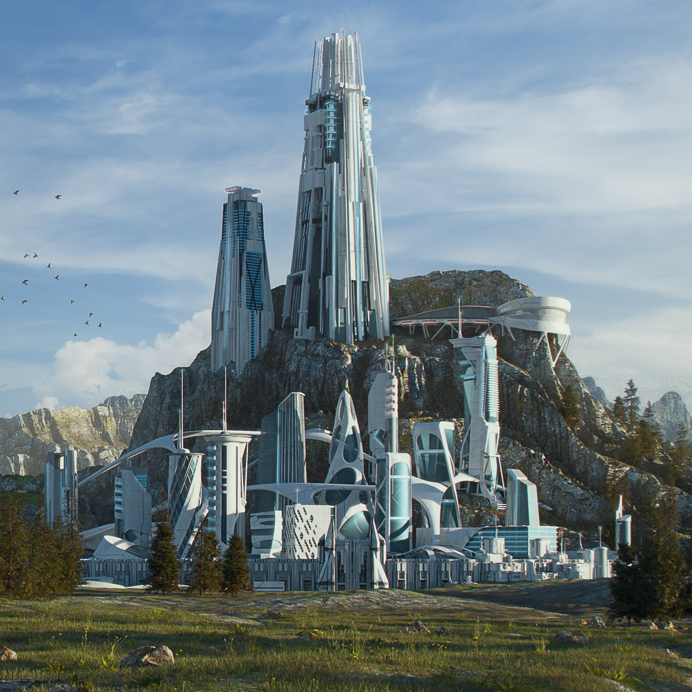 Scifi city Nature mountain utopia forest realistic futuristic dream buildings