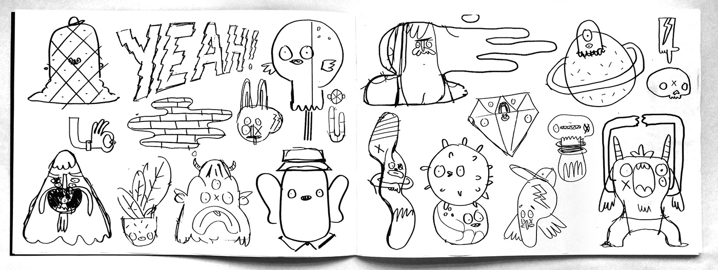 sketchbook Drawing  Character design  Pasteup Street Art  Triptych Patterns Mural hand drawn type shapes