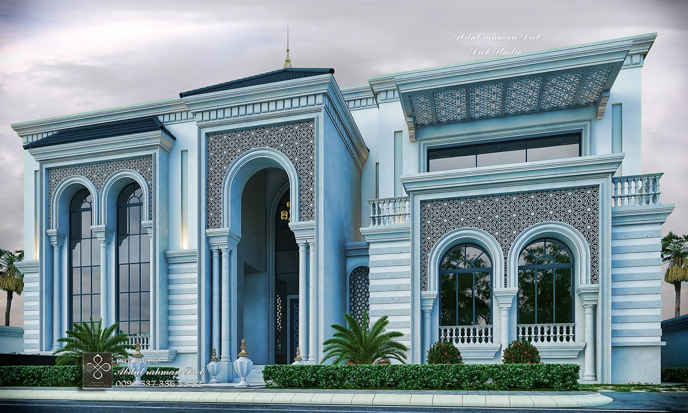 contemporary exterior islamic Landscape Morocco palace photoshop Style Villa vray