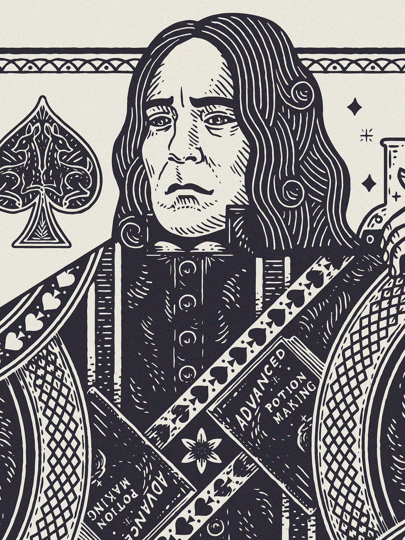 Playing Cards character illustration etching harry potter game black and white line art