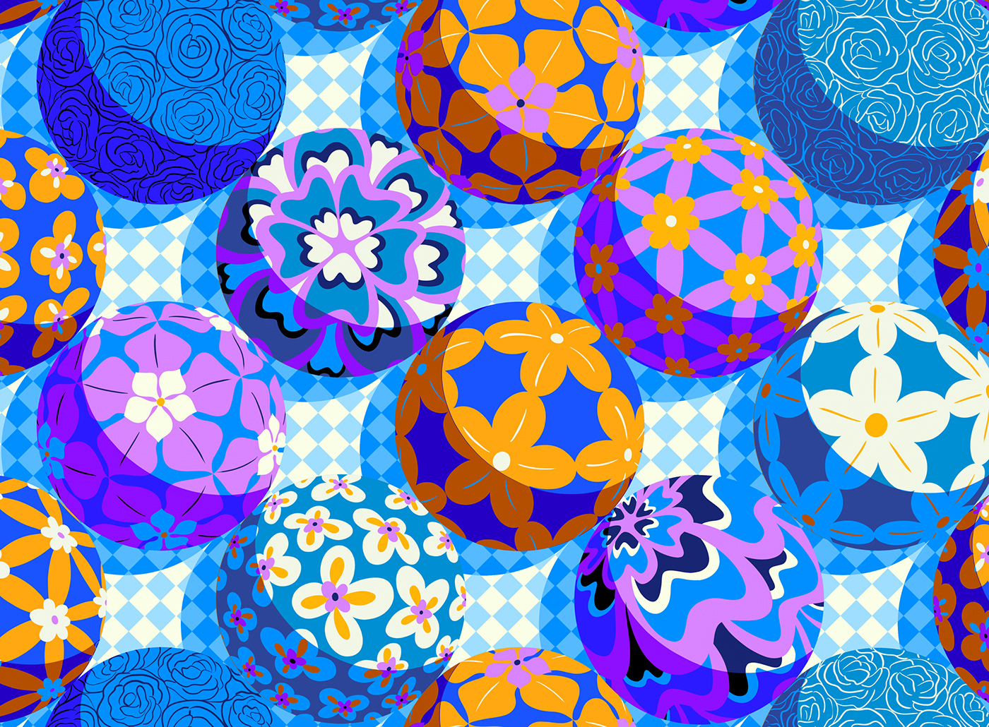 Spherical flower balls in orange, blue and purple colours with a Japanese quilt influence.