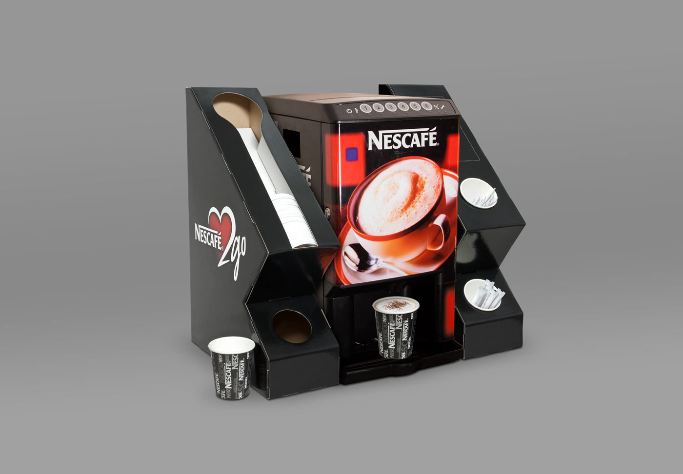 cardboard shelves cardboard display Coffe to go vending Coffee Condiment dispenser