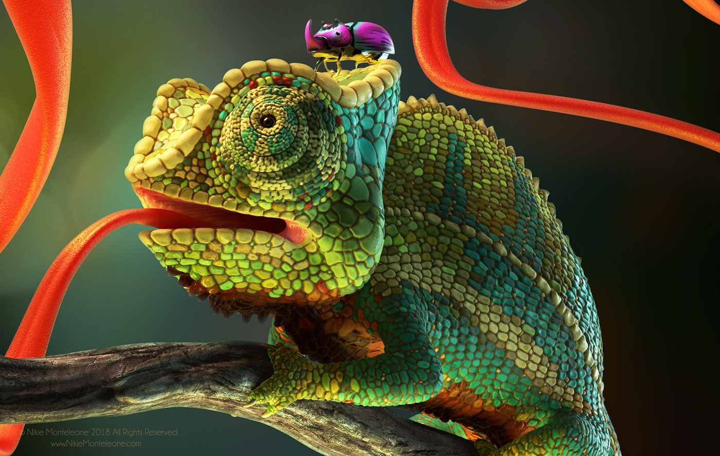 3D animal animation  arnold chameleon Character Maya reptile Substance Painter tongue