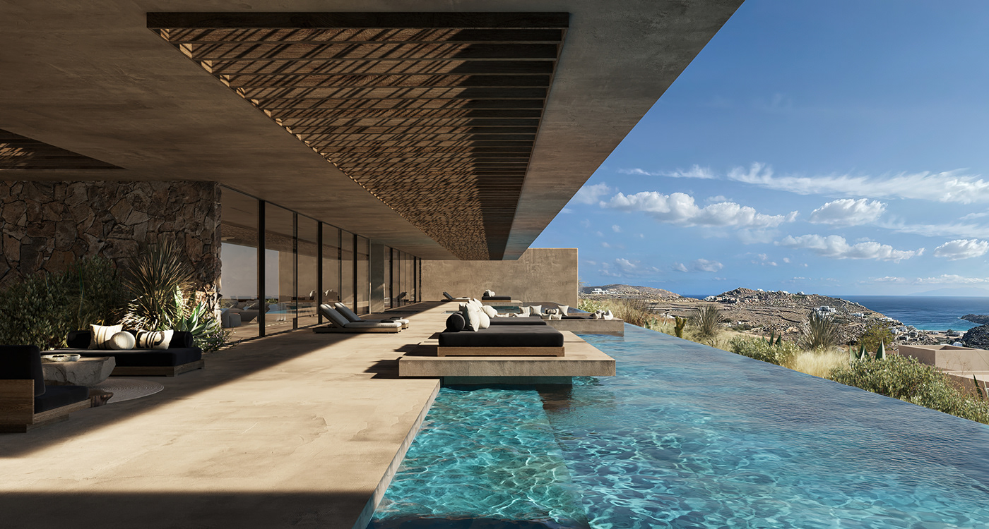 Mykonos Greece Rocky architecture Villa Pool High End sea view luxurious Wabi Sabi