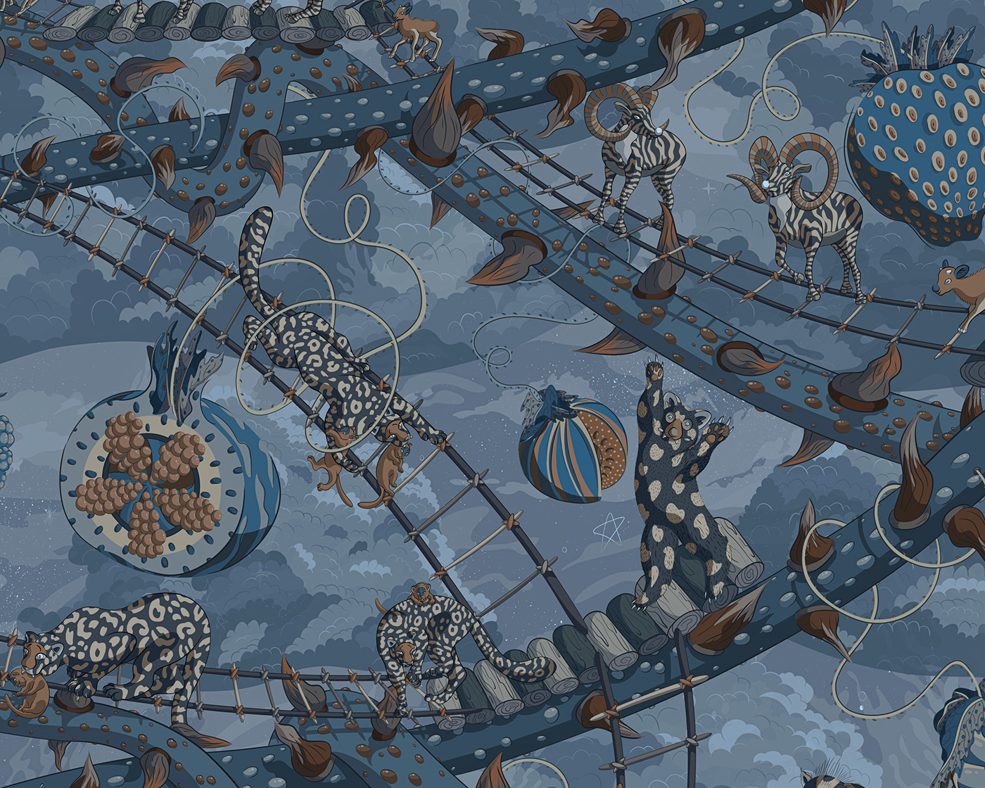 Repeat pattern of a dark and gloomy sky world showing various animals climbing ladders.