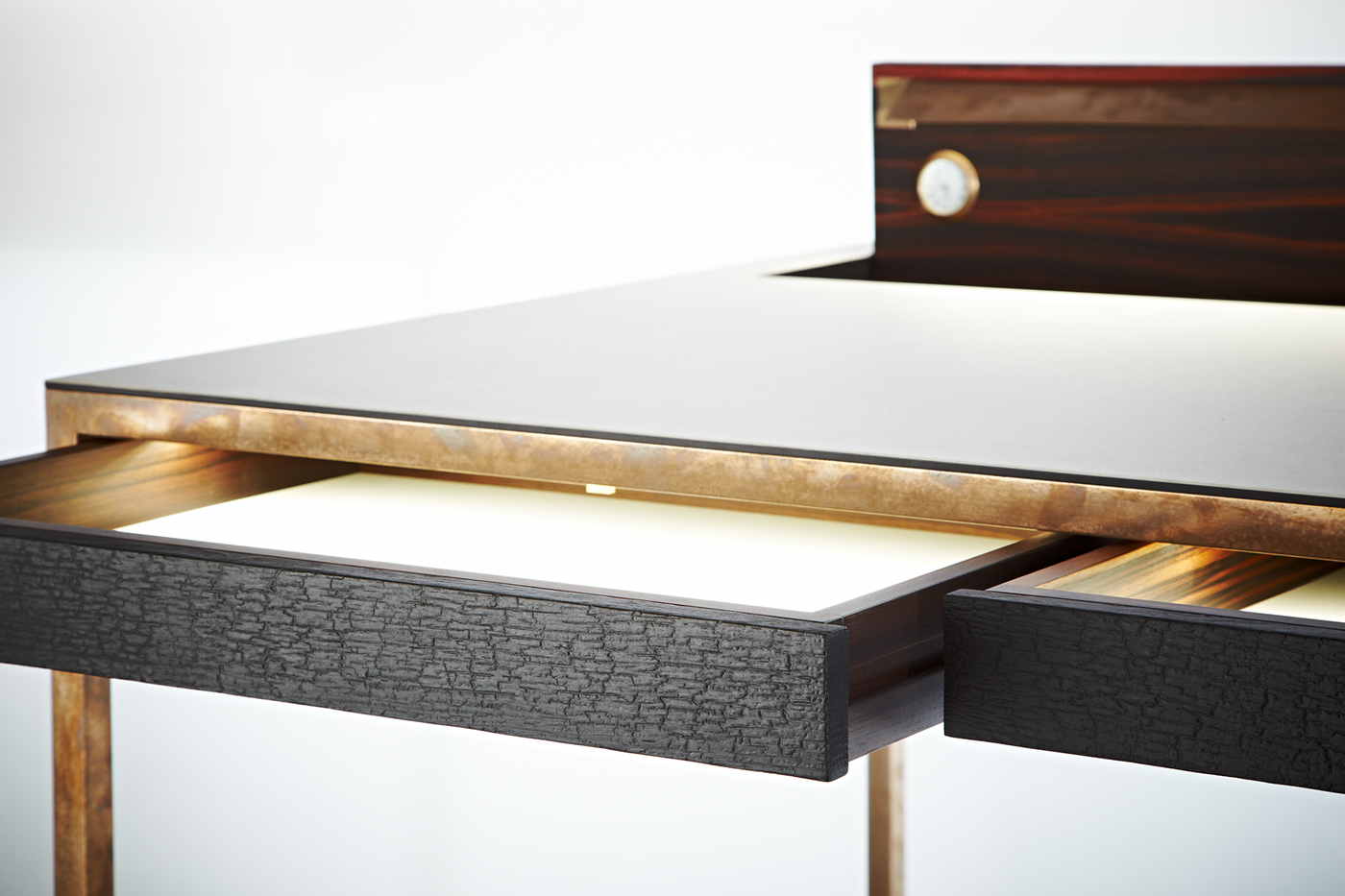 desk makassar table furniture joiner charred wood bronze linoleum