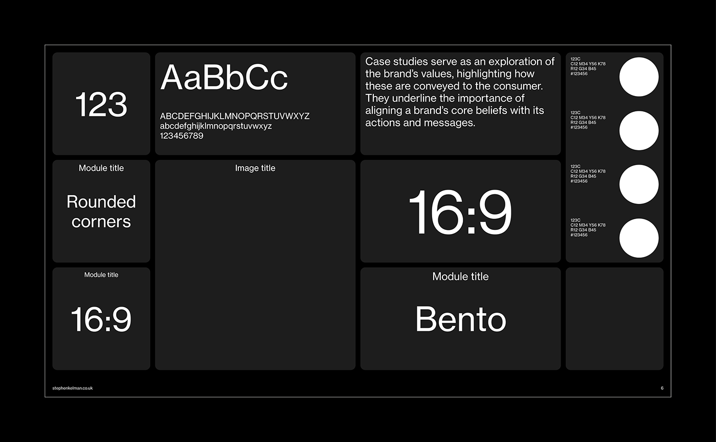 Bento Style Presentation Grid System for Adobe InDesign | Sample Layout – Dark Background
