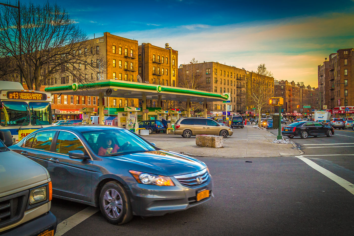 Brooklyn New York new york city Fruit stand hairdresser traffic gas station bus stop