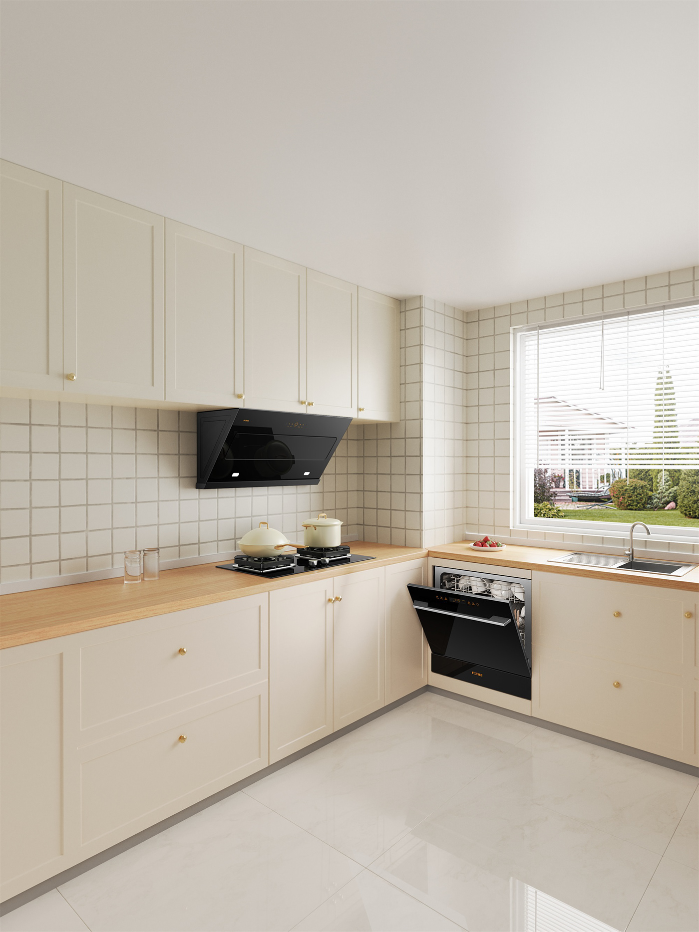 Kitchen Appliance 3D rendering kitchen oven dishwasher gas stove kitchen hood scene