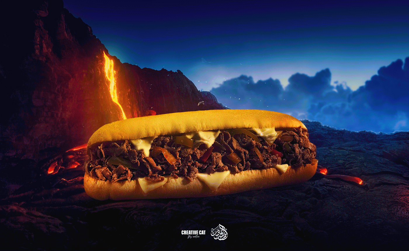 restaurant Food  Social media post creative ads volcano spicy Hot red and blue Digital Art  Liver sandwich