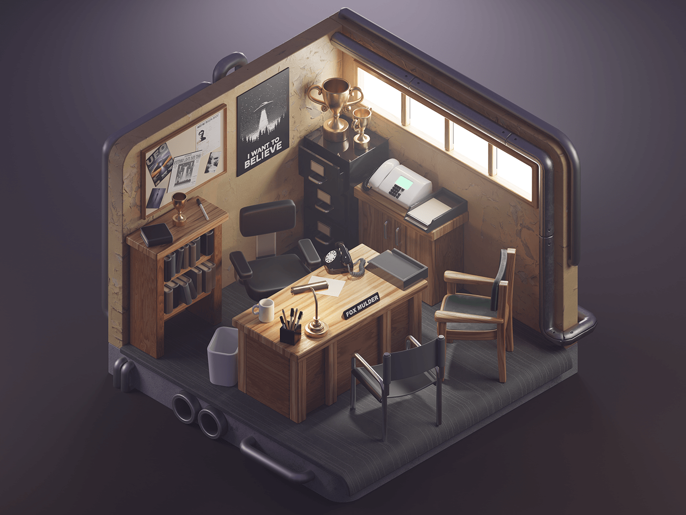 basement room Office alien Isometric Render environment cycles 3D x-files