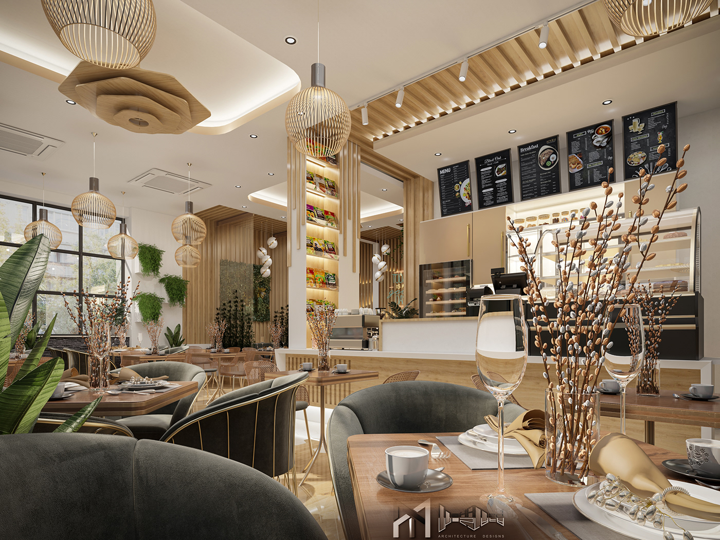Interior design cafe restaurant bohemian visualization archviz CGI interior design  wood