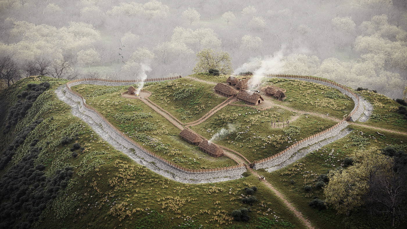 3D Aerial CGI hill fort historical history Landscape reconstruction visualization heritage