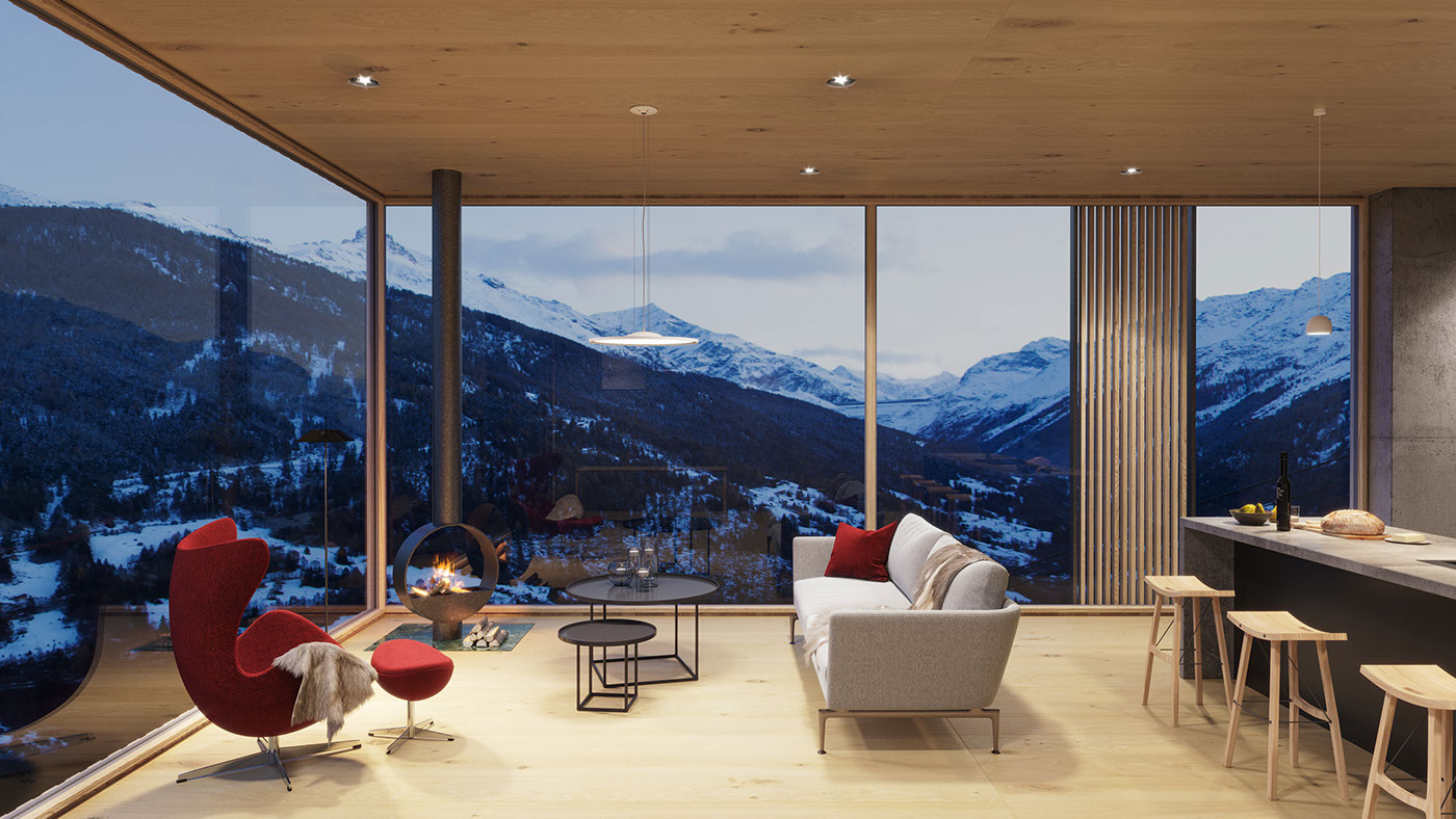 3D Render visualisation mountains house Winter Retreat Visualisierungen mountain house