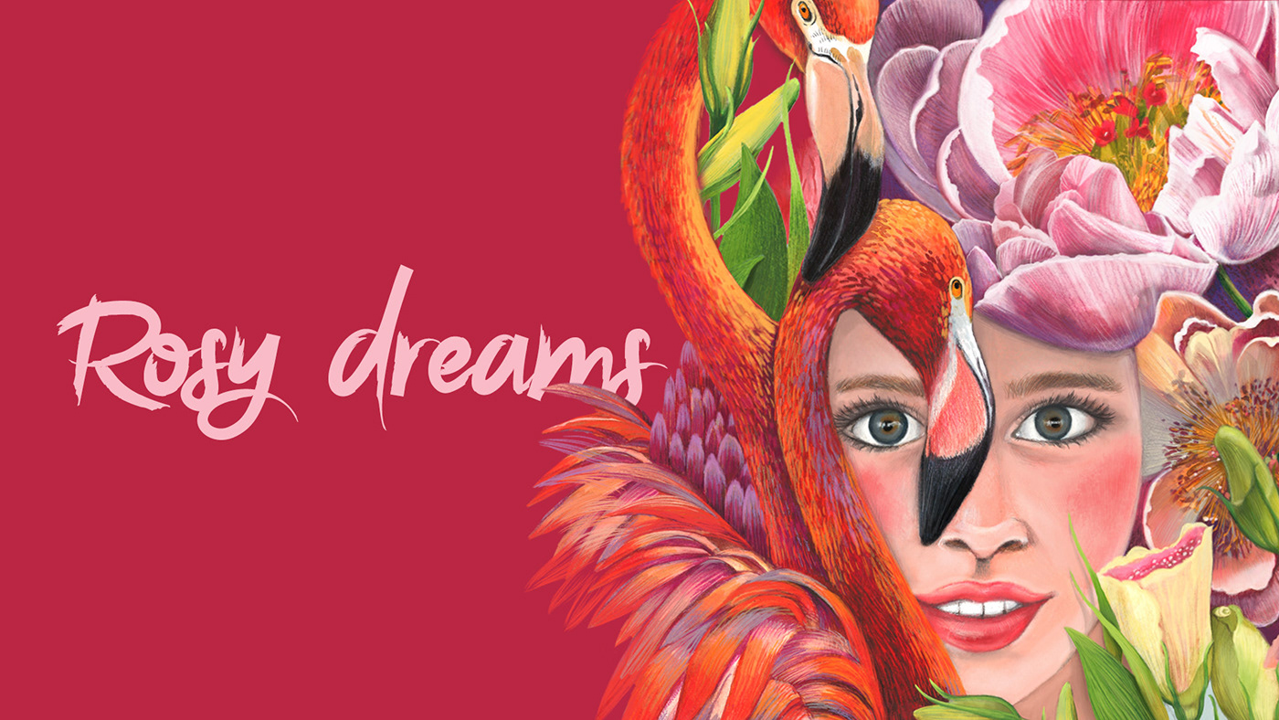 dreams fantasy Drawing  ILLUSTRATION  concept art girls portrait Floral design botanical flamingo